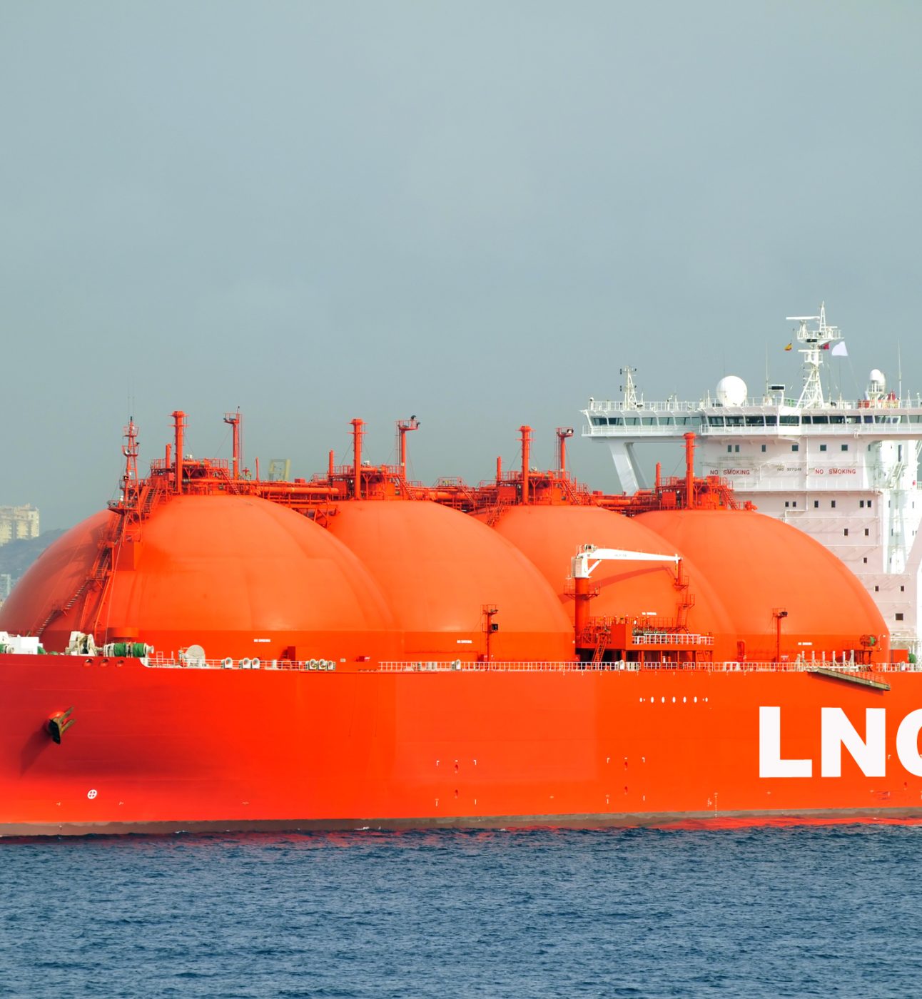 Bright orange liquefied natural gas tanker.