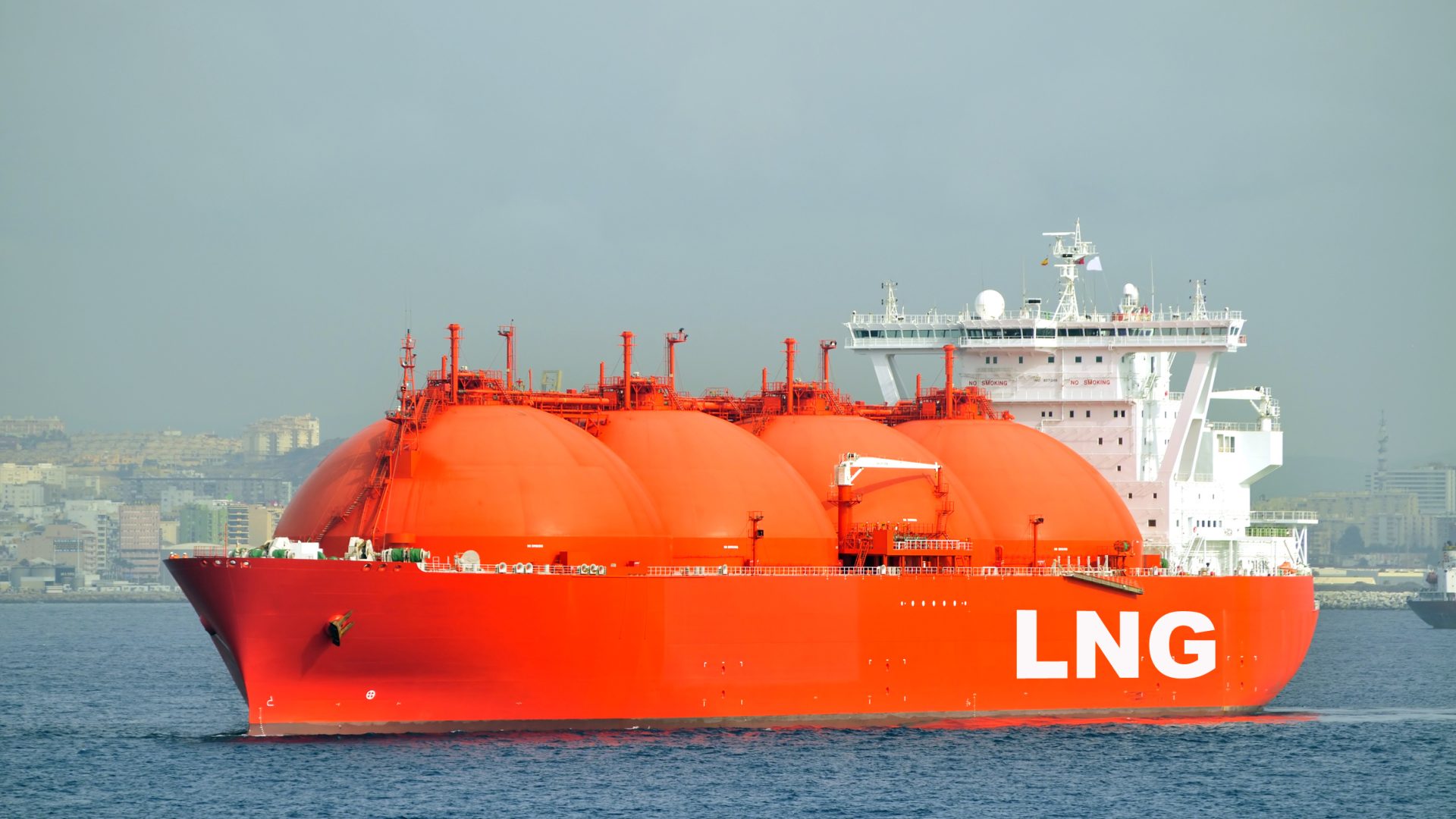 Bright orange liquefied natural gas tanker.