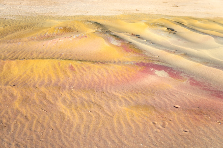 The sand on this drill pad is mysteriously discolored, possibly from a chemical spill. (Credit Anna Simonton)